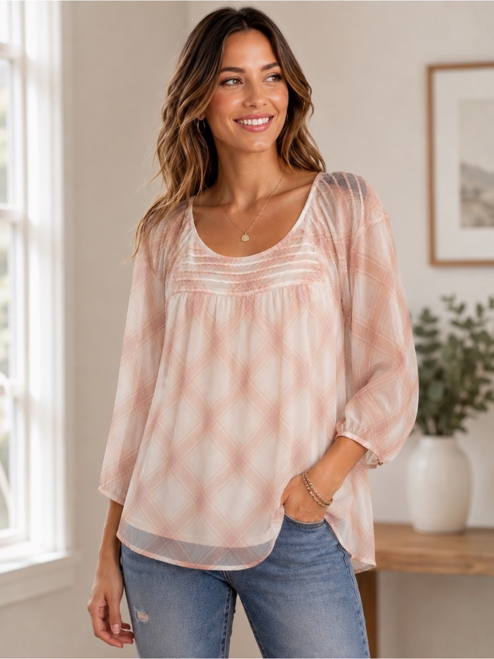 LC Lauren Conrad Blush Plaid Sheer Pintuck Peasant Blouse Women’s Large L